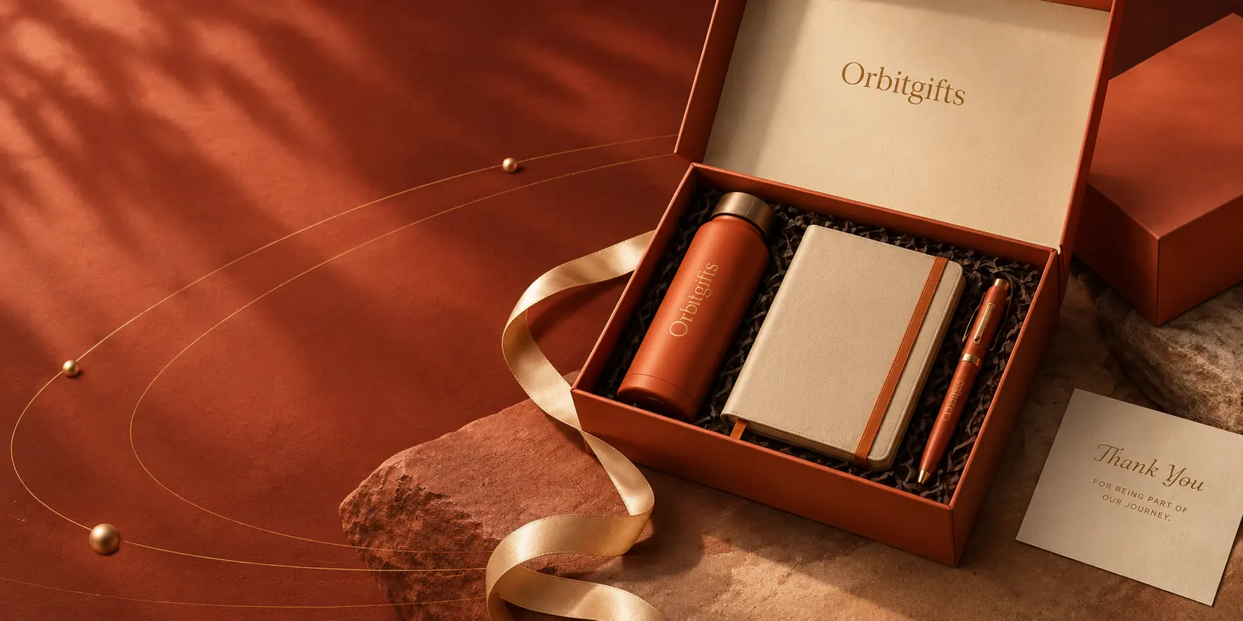 Orbitgifts premium corporate gift set with navy box, bottle, notebook, and pen